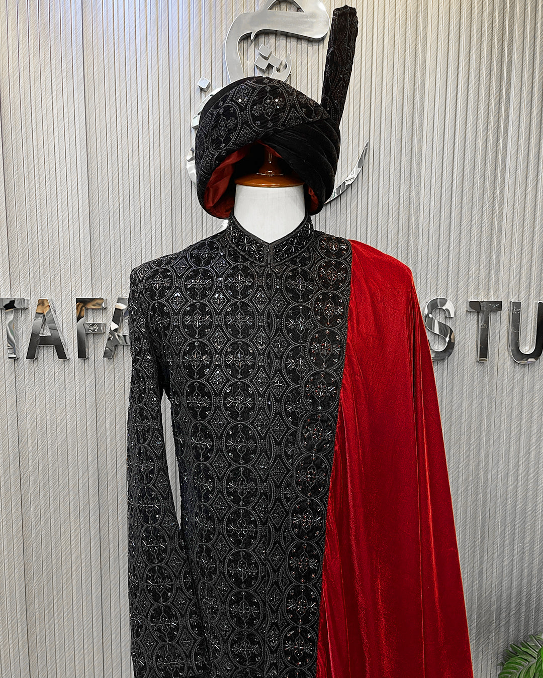 Black Royal Groom Sherwani with Maroon Shawl