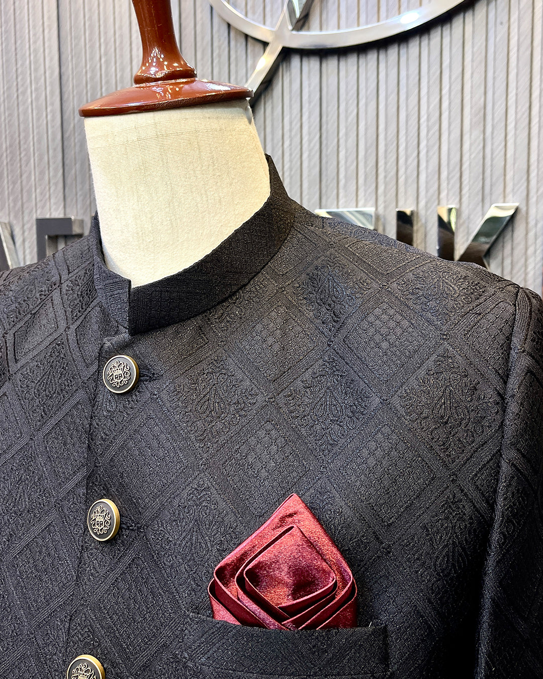Black Textured Sherwani – Premium Embroidered Men’s Sherwani