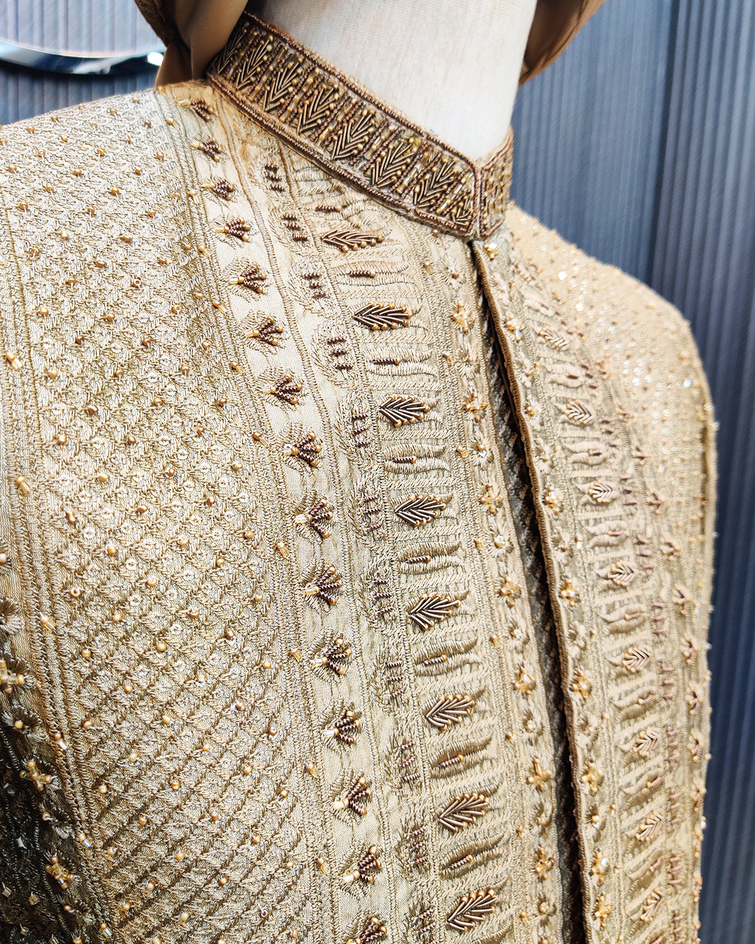 Luxury Golden Embroidered Prince Sherwani with Matching Turban