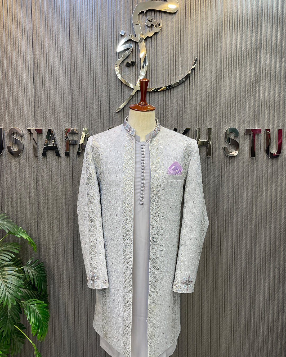 Silver Ivory Embroidered Open Prince Coat
