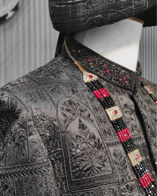 Black Heritage Embroidered Sherwani – Signature Collection