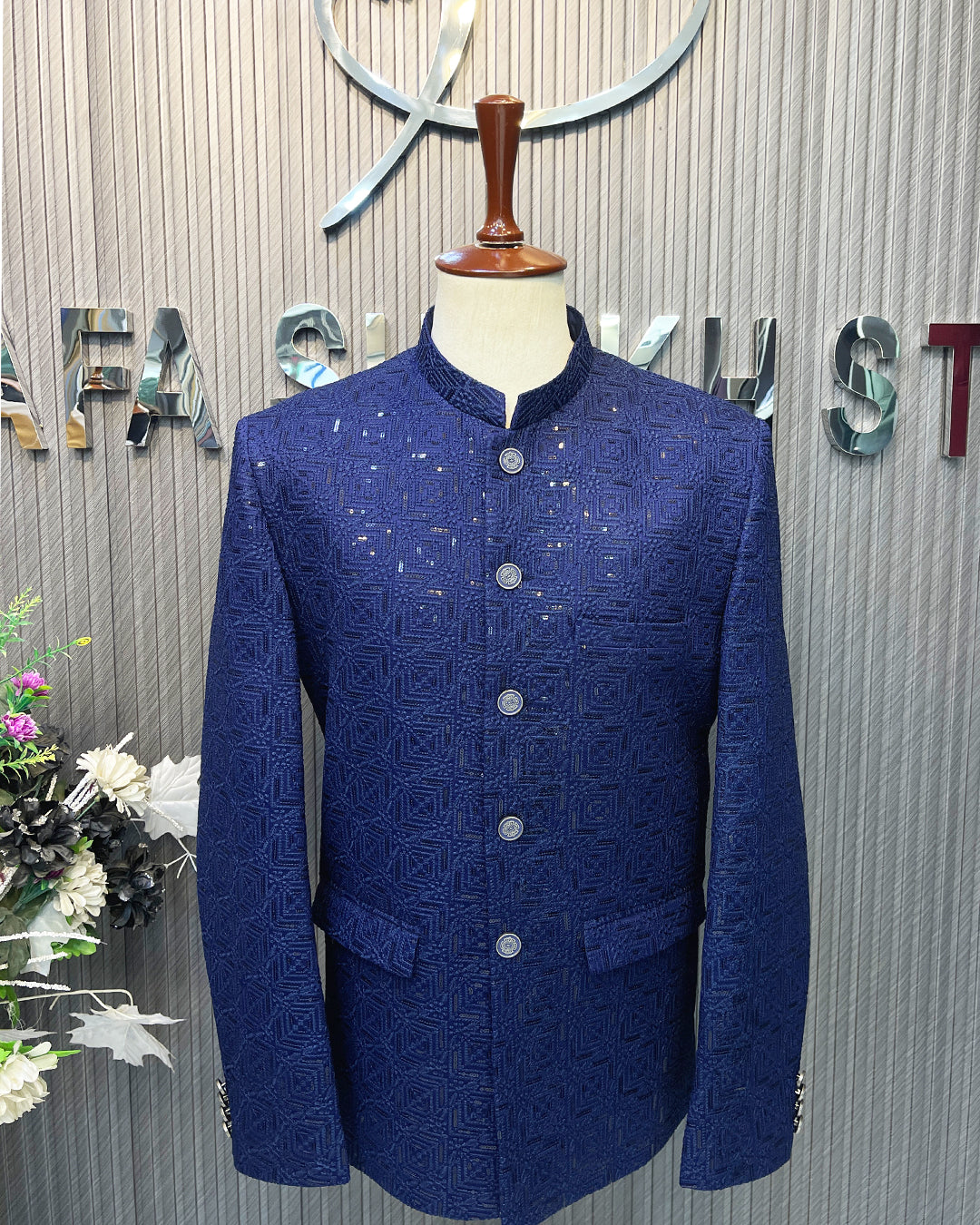 Royal Navy Blue Textured Prince Coat