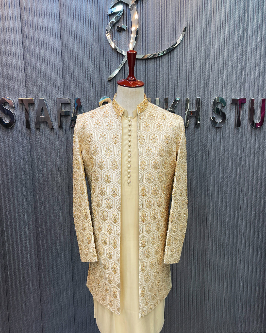 Ivory & Gold Geometric Embroidered Short Sherwani