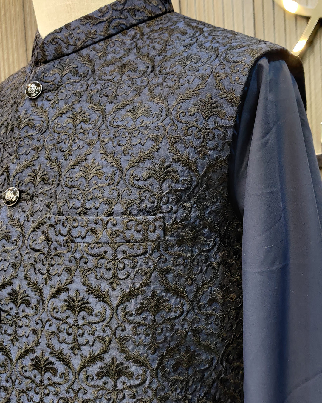 Navy Blue Embroidered Waistcoat – Premium Men’s Traditional Wear