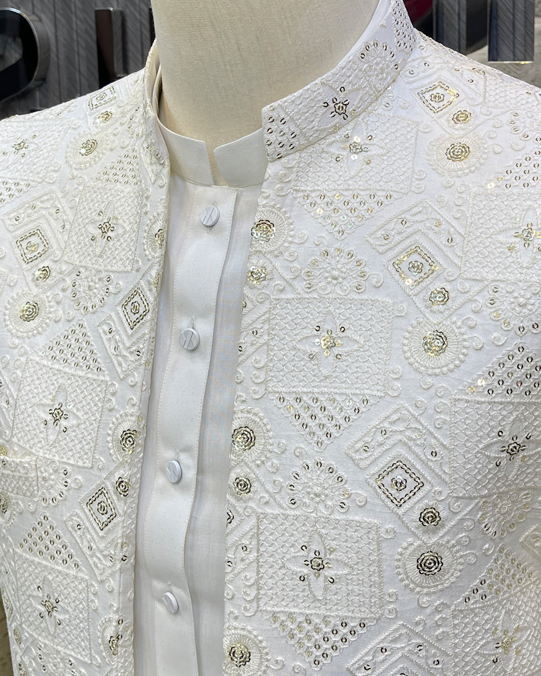 White Textured Prince Coat – Premium Men’s Traditional Wear