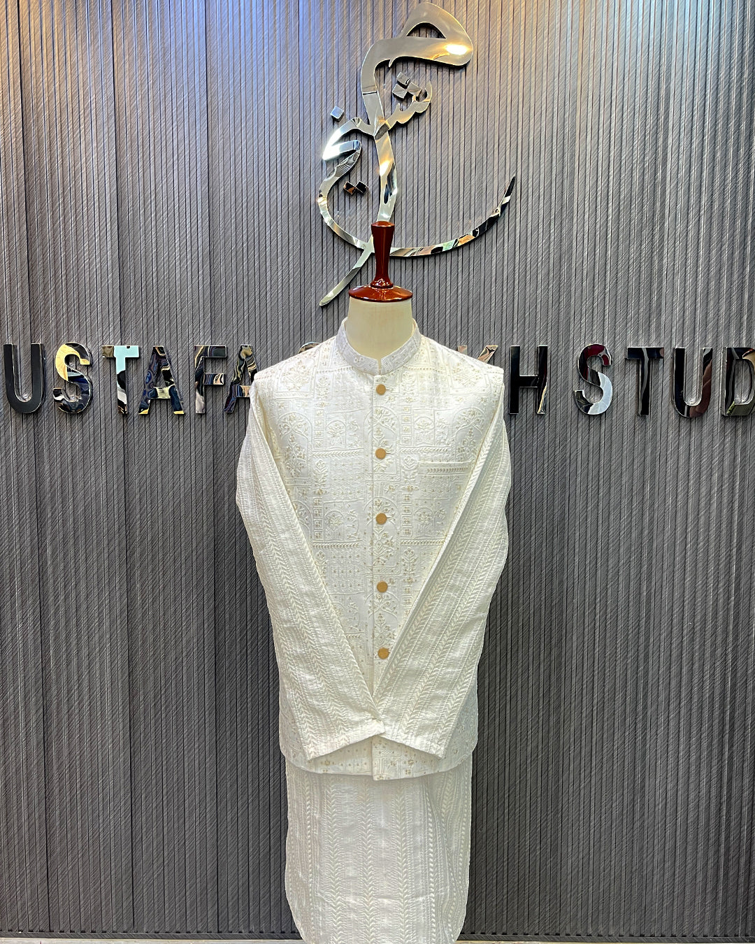 White Embroidered Waistcoat with Kurta Pajama