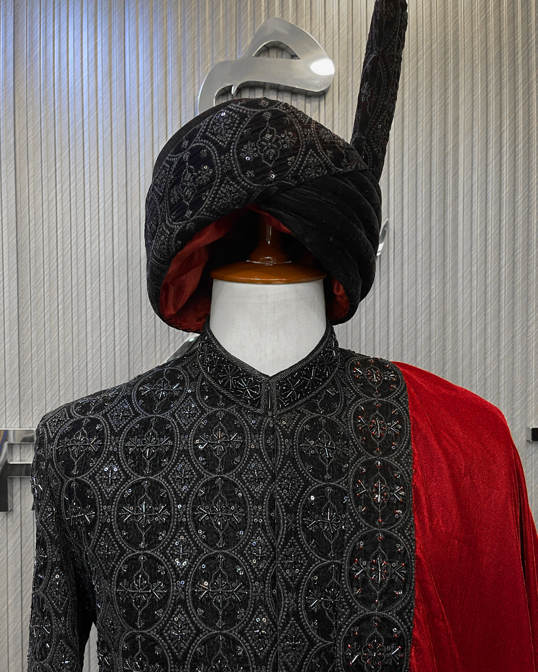 Black Royal Groom Sherwani with Maroon Shawl