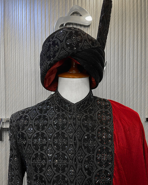 Black Royal Groom Sherwani with Maroon Shawl
