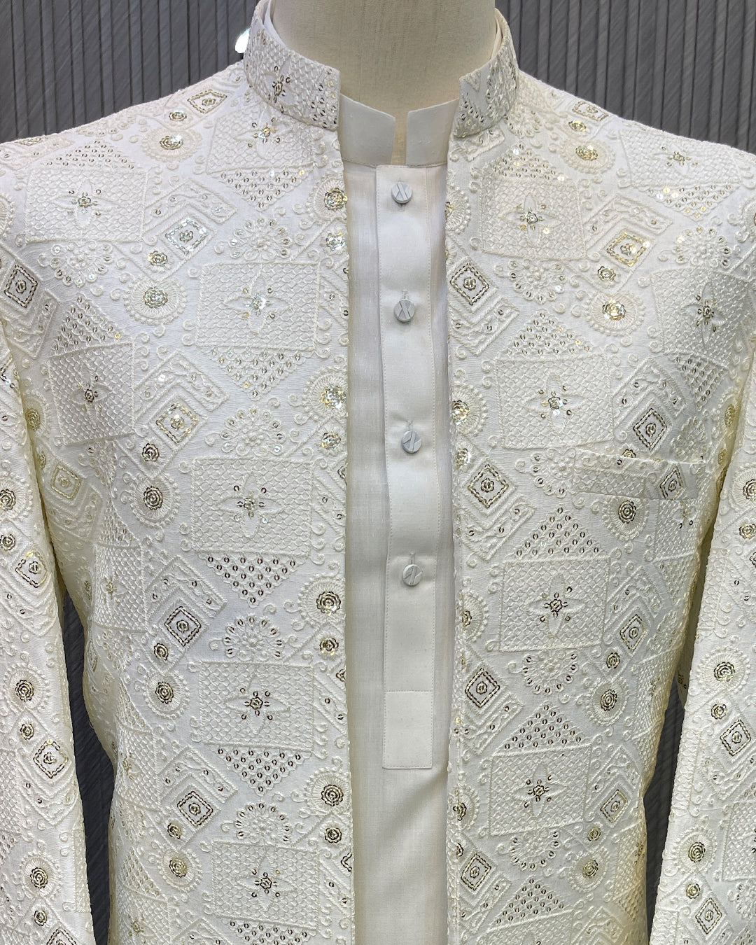 White Textured Prince Coat – Premium Men’s Traditional Wear