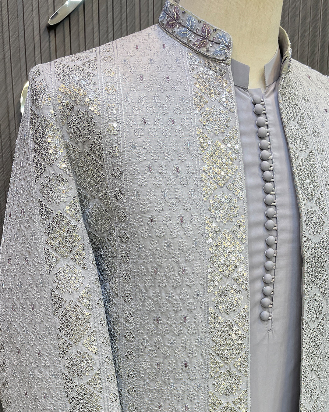 Silver Ivory Embroidered Open Prince Coat