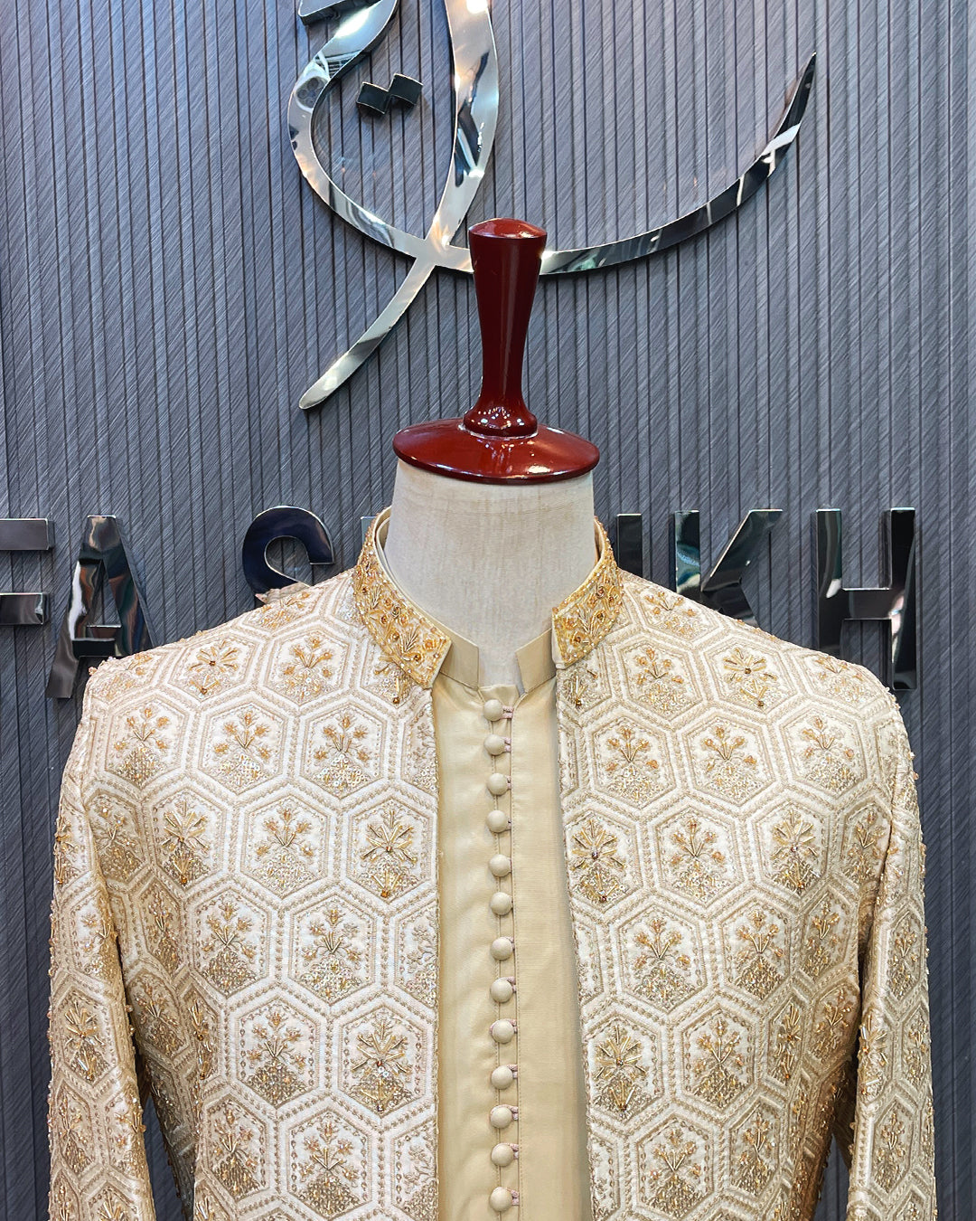Ivory & Gold Geometric Embroidered Short Sherwani