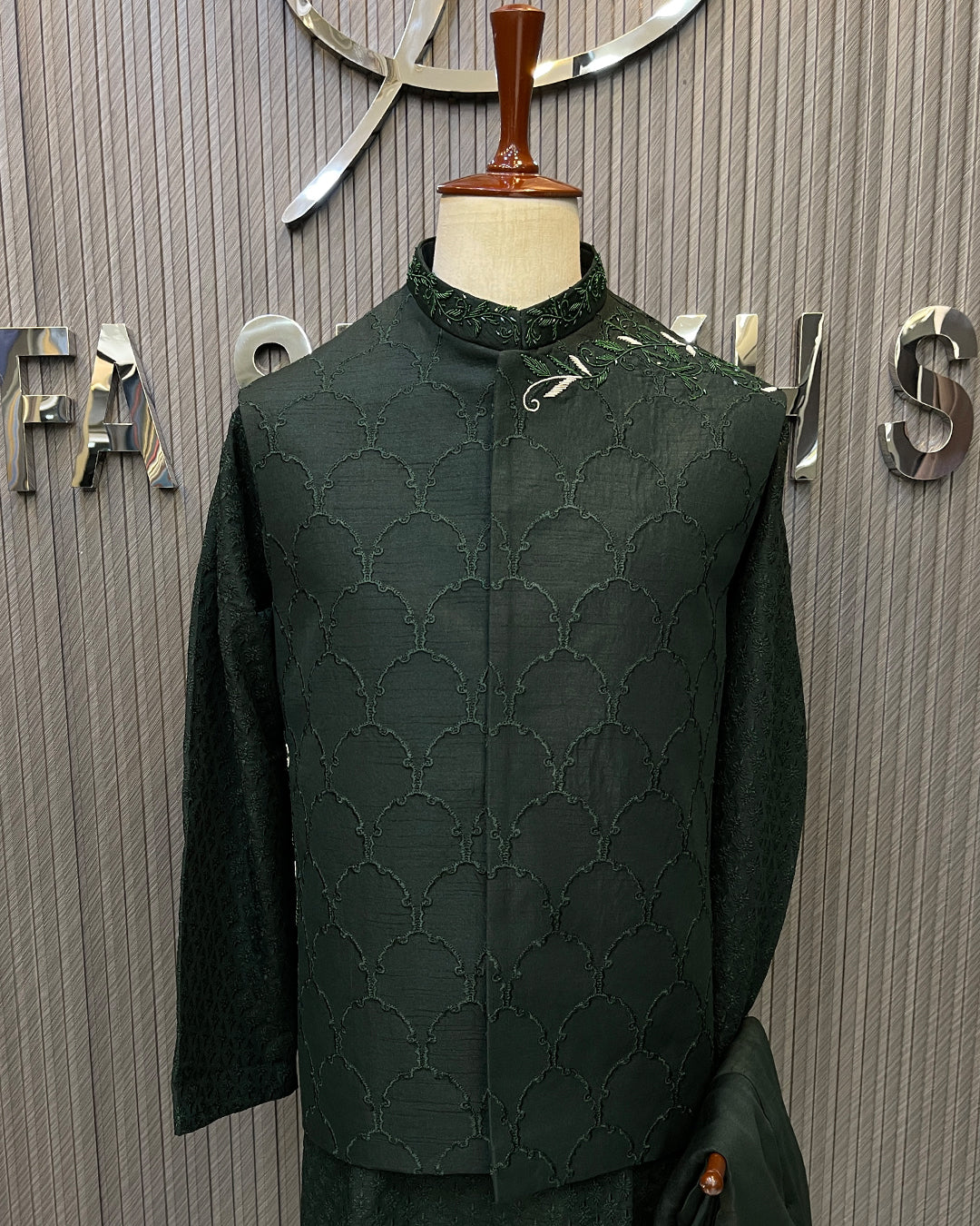 Dark Green Floral Embroidered Waistcoat – Premium Men’s Traditional Wear