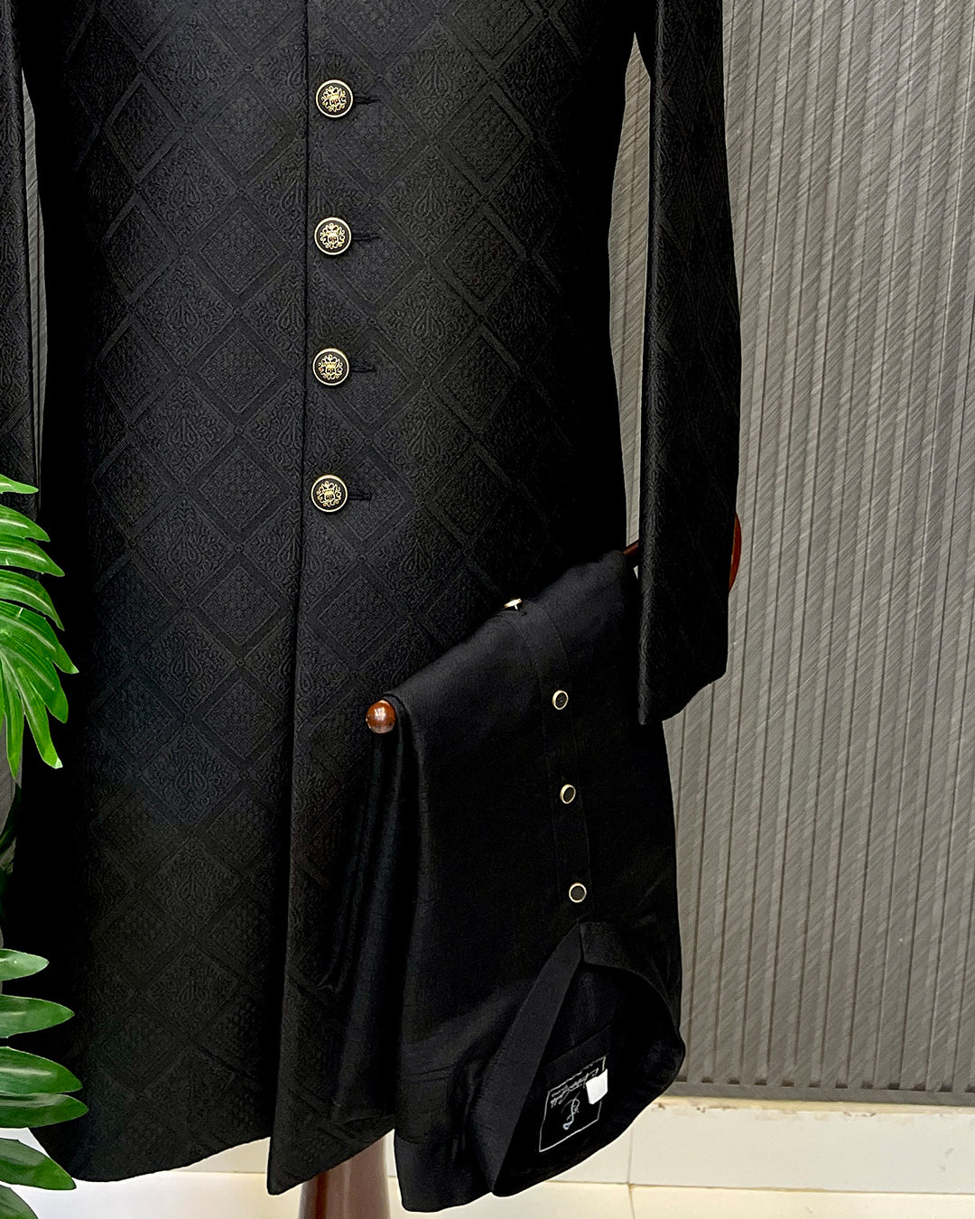 Black Textured Sherwani – Premium Embroidered Men’s Sherwani
