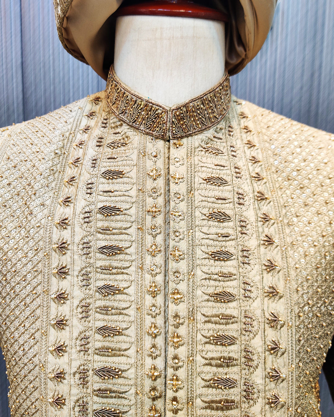 Luxury Golden Embroidered Prince Sherwani with Matching Turban