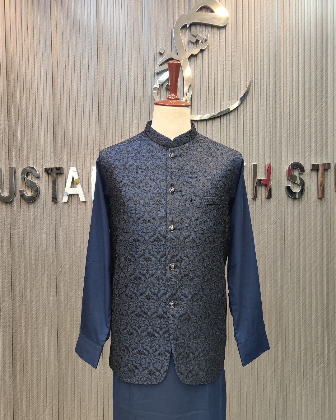Navy Blue Embroidered Waistcoat – Premium Men’s Traditional Wear