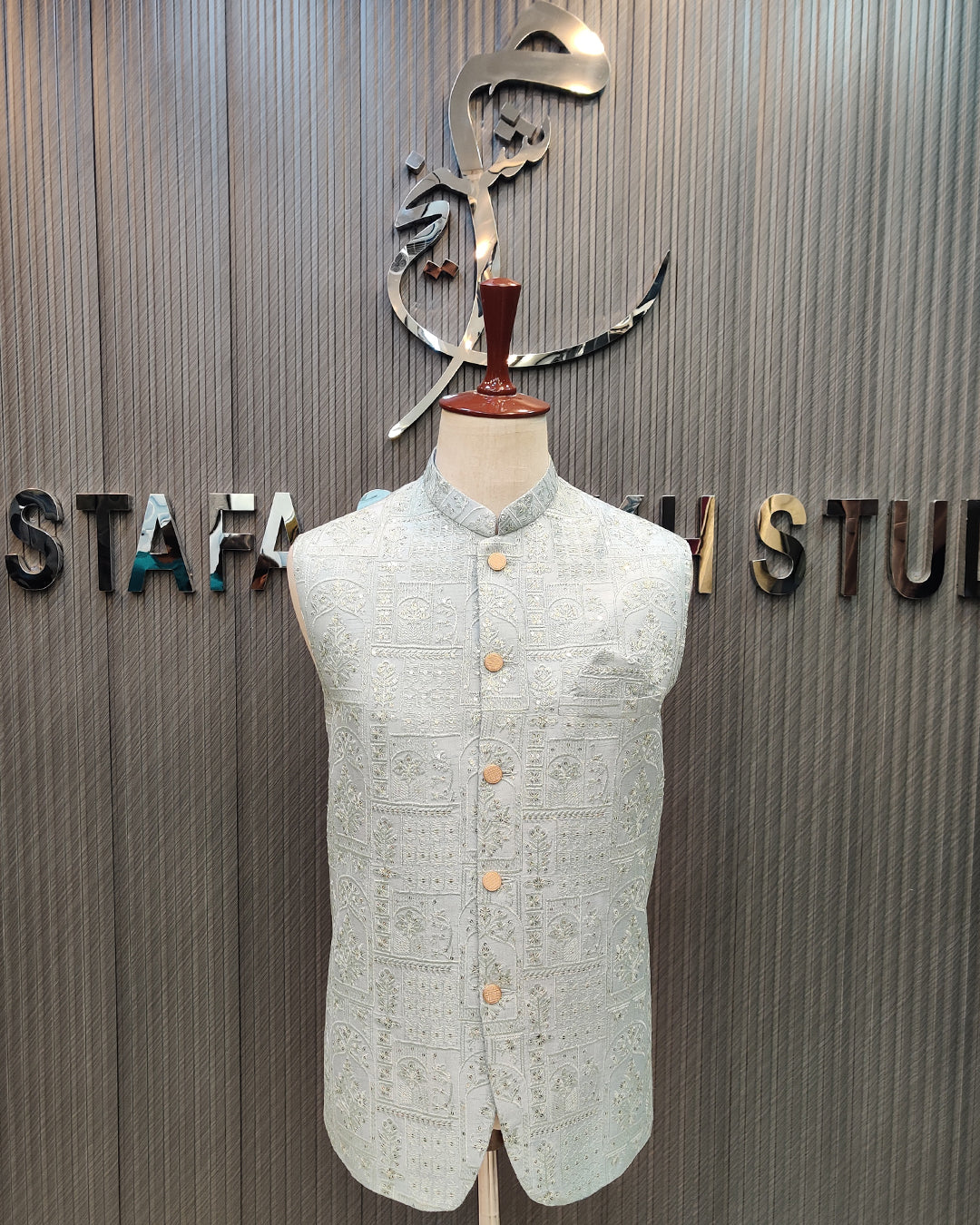 Frosy Blue Embroidered Waistcoat with Kurta Pajama