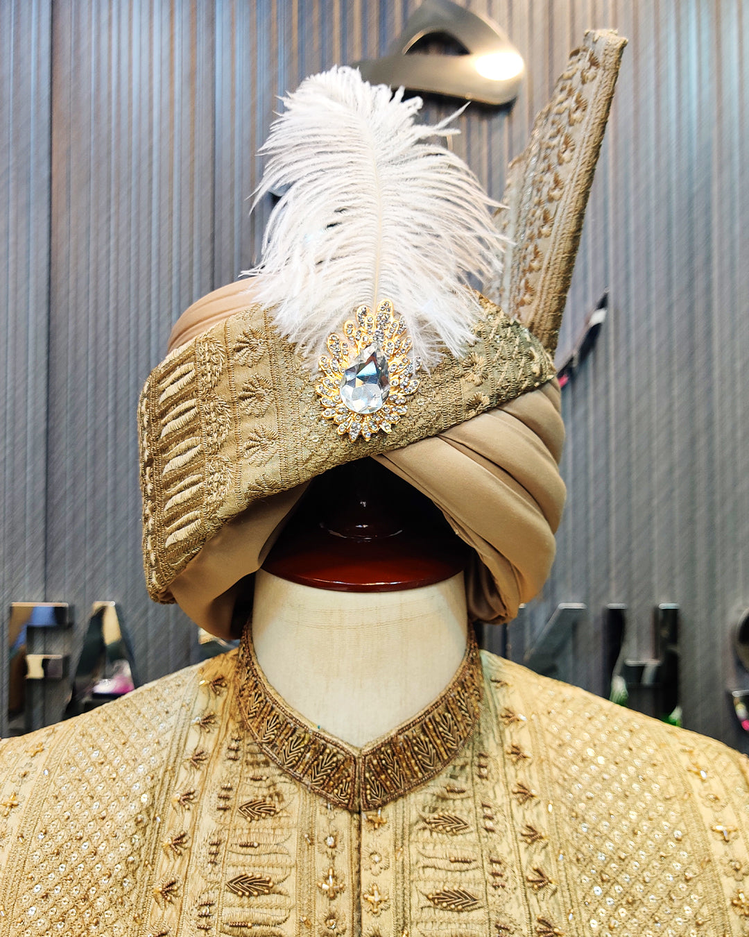 Luxury Golden Embroidered Prince Sherwani with Matching Turban