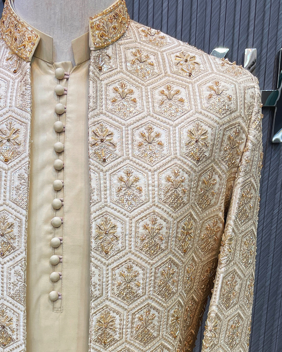 Ivory & Gold Geometric Embroidered Short Sherwani