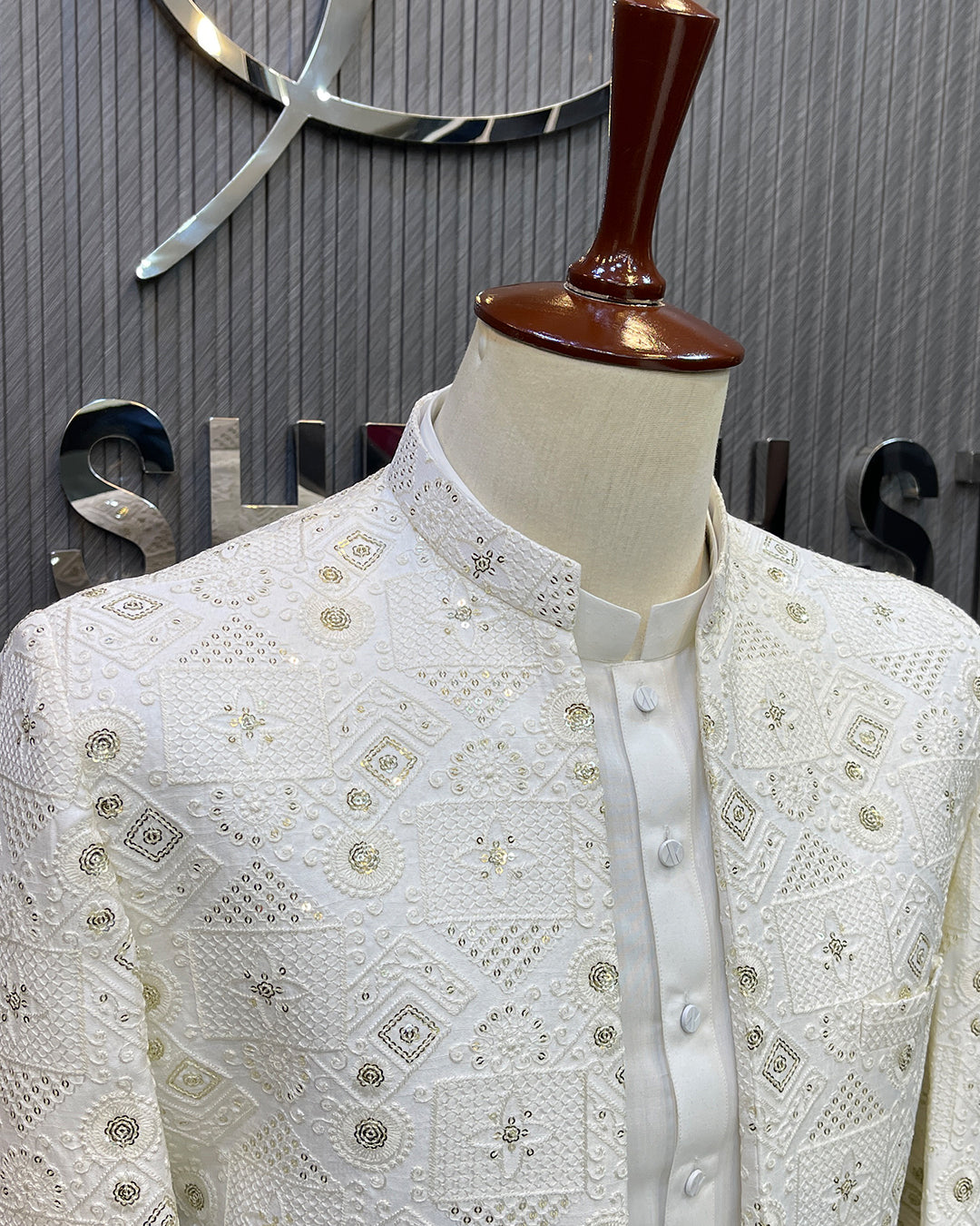 White Textured Prince Coat – Premium Men’s Traditional Wear