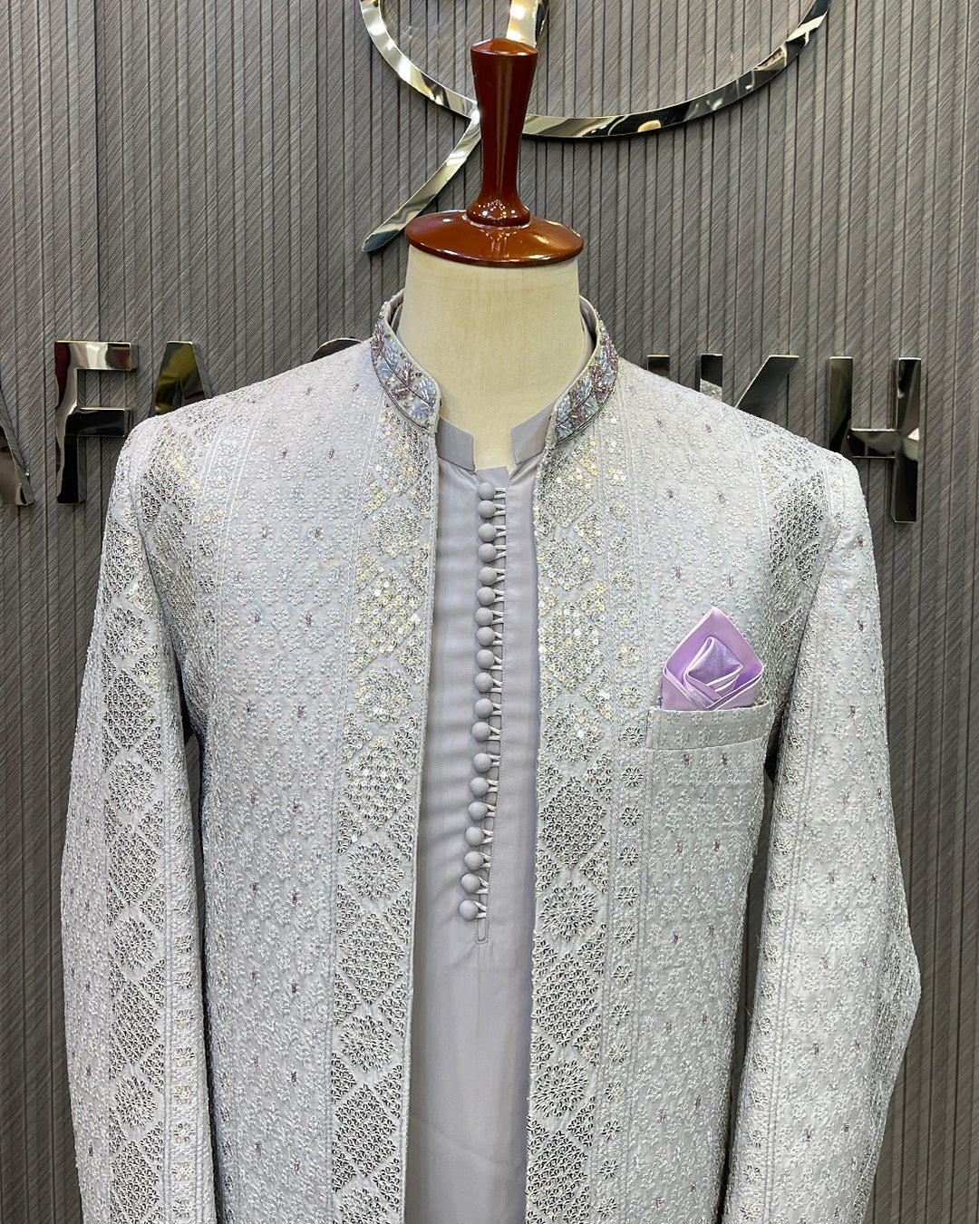 Silver Ivory Embroidered Open Prince Coat