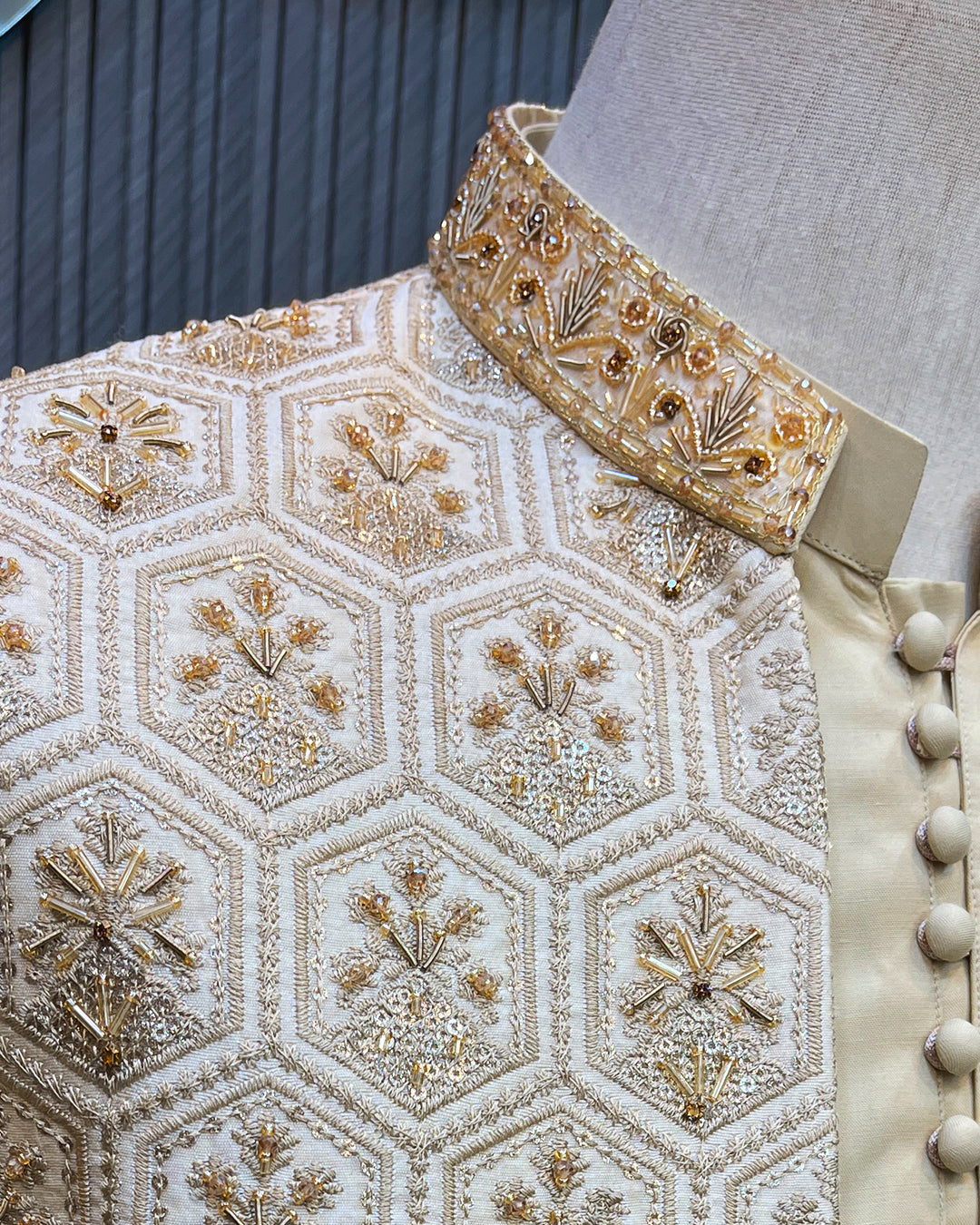 Ivory & Gold Geometric Embroidered Short Sherwani