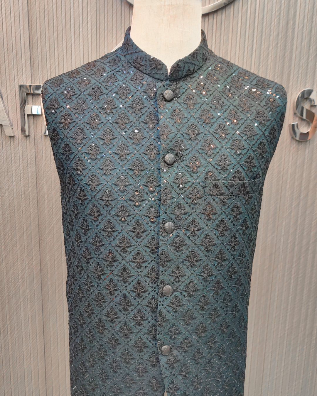 Teal Blue Embroidered Waistcoat