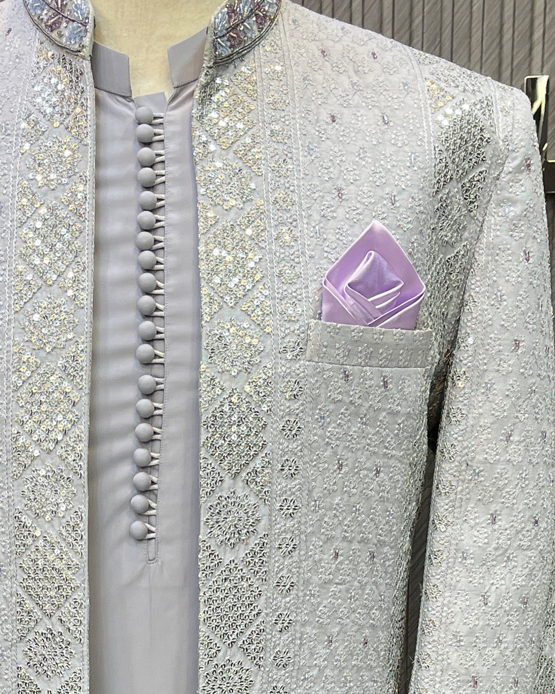 Silver Ivory Embroidered Open Prince Coat