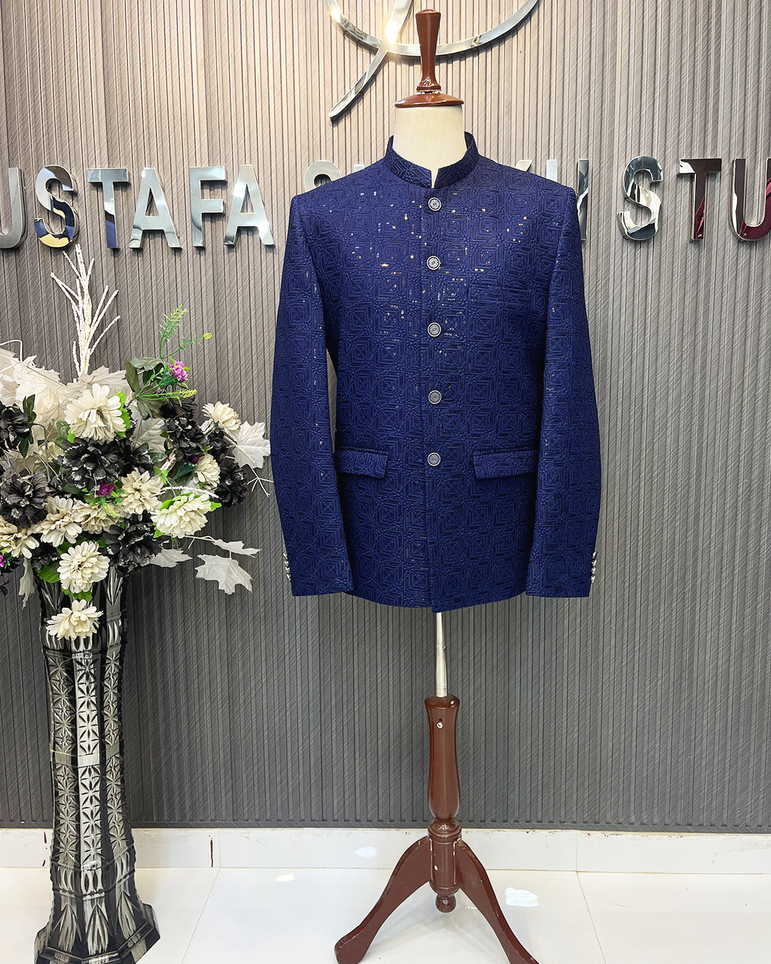 Royal Navy Blue Textured Prince Coat