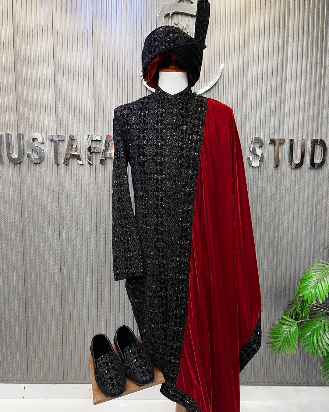 Black Royal Groom Sherwani with Maroon Shawl