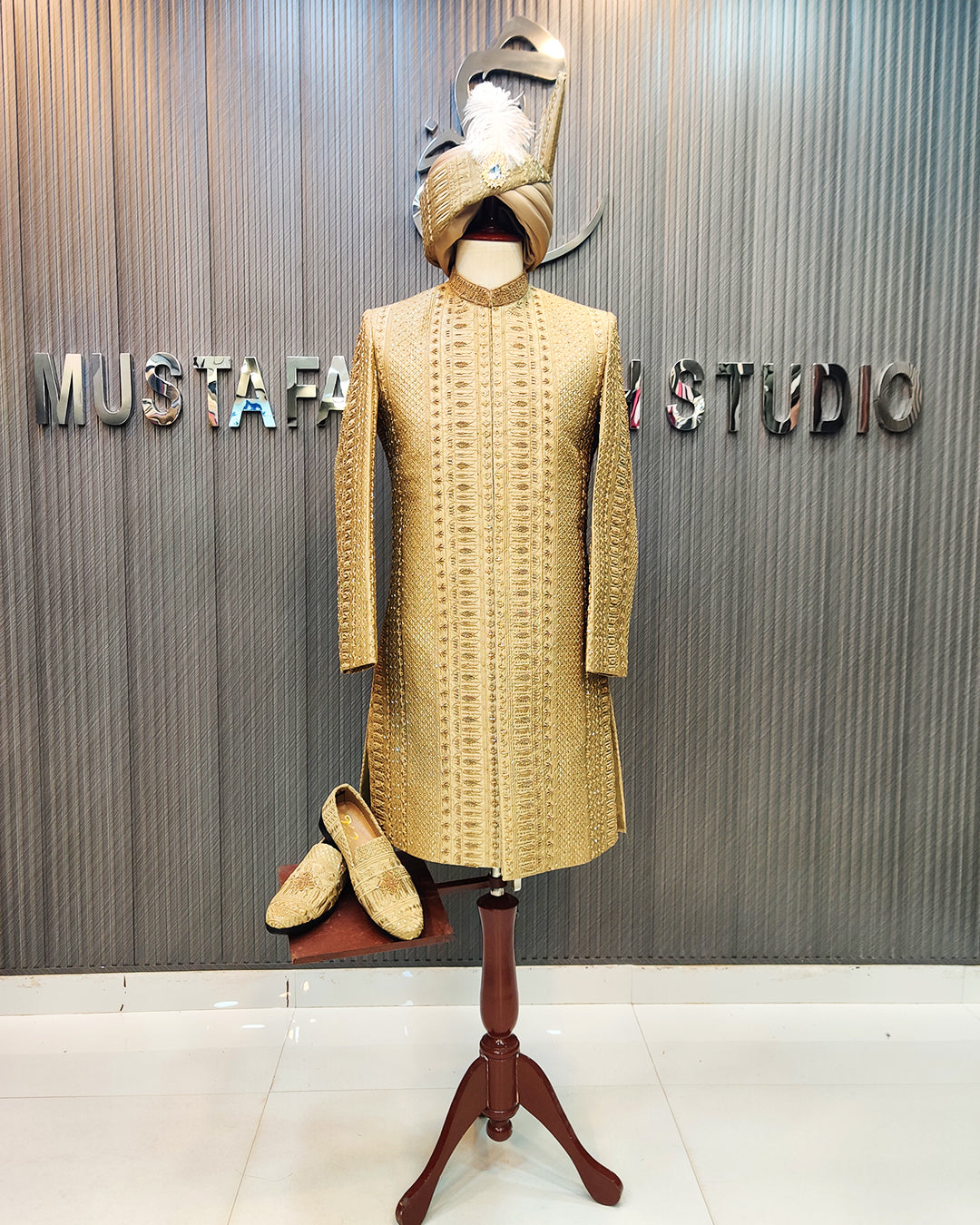 Luxury Golden Embroidered Prince Sherwani with Matching Turban