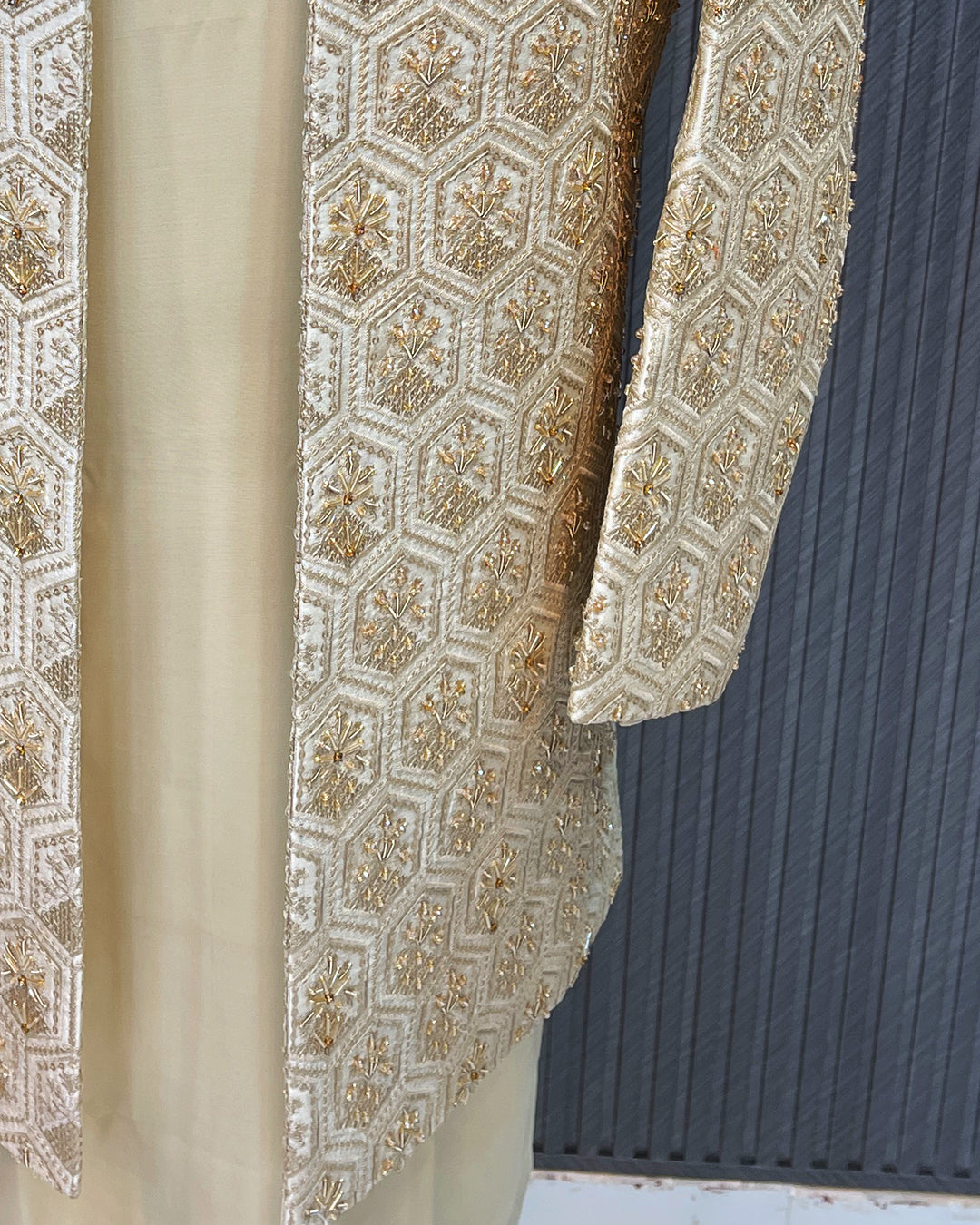 Ivory & Gold Geometric Embroidered Short Sherwani