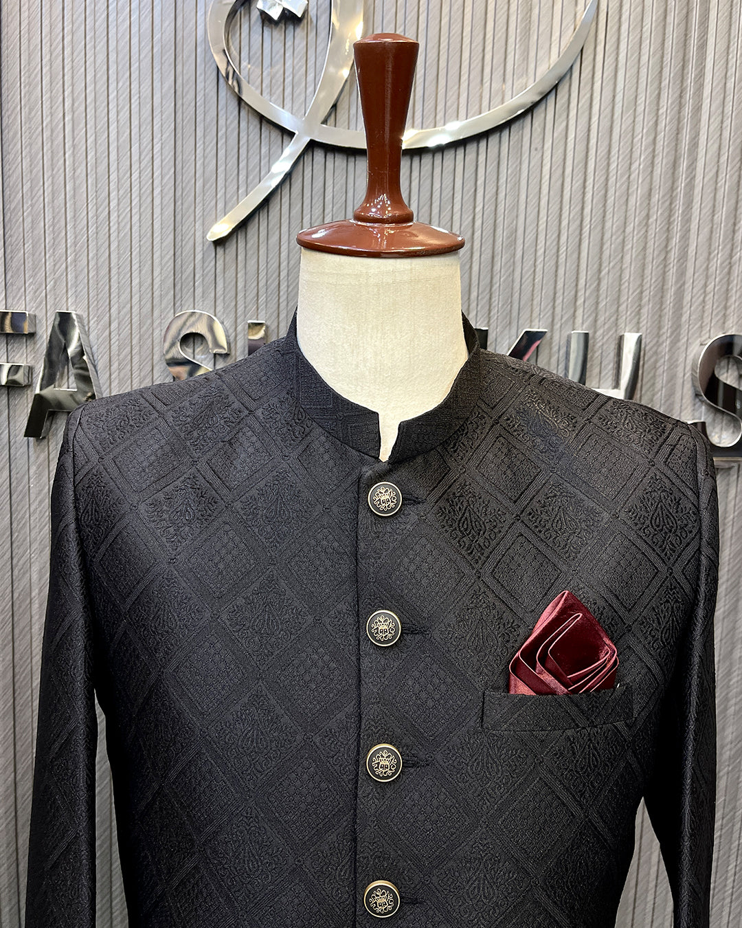 Black Textured Sherwani – Premium Embroidered Men’s Sherwani