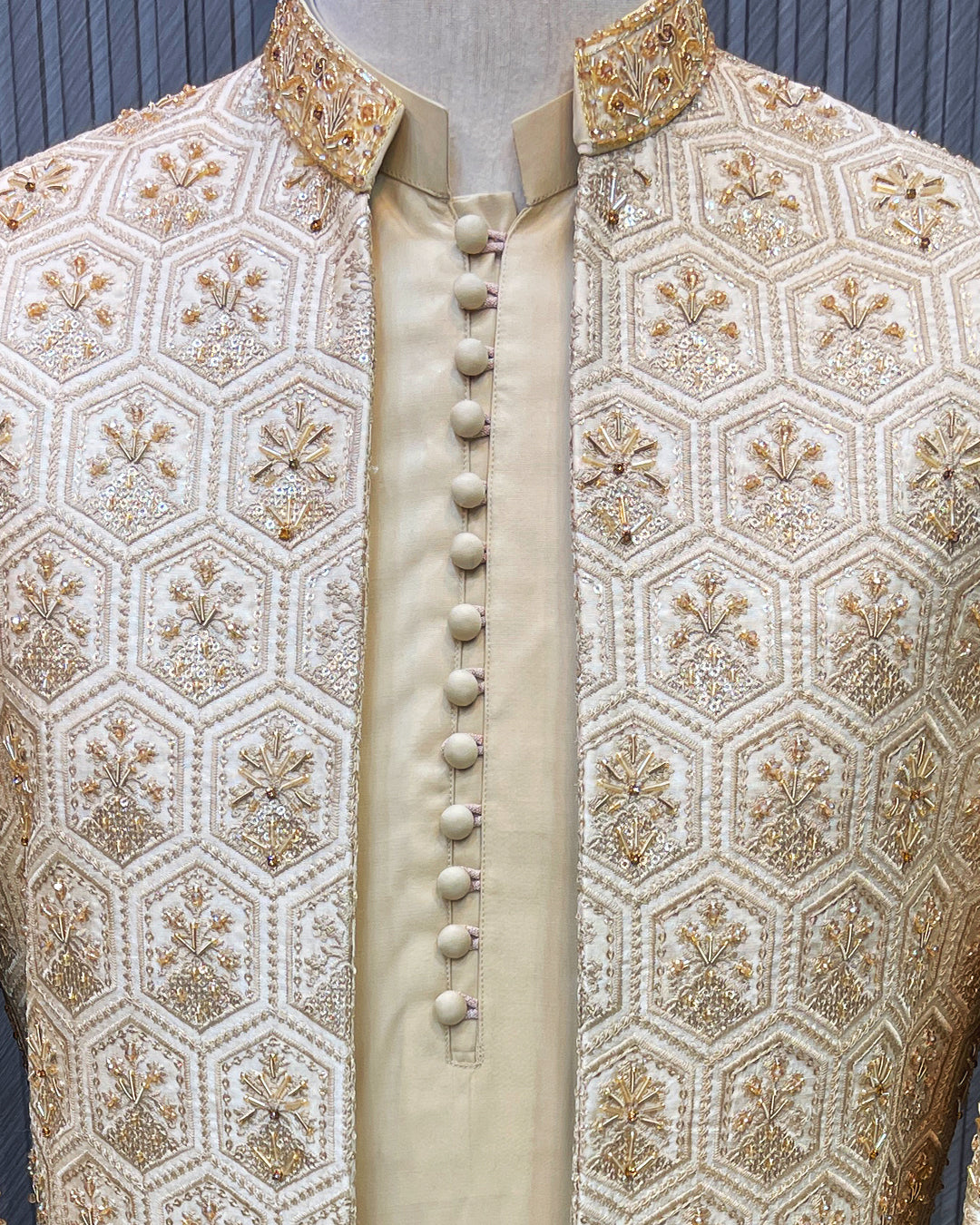 Ivory & Gold Geometric Embroidered Short Sherwani