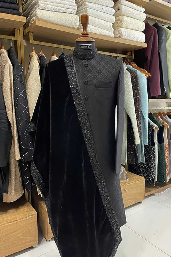 Black Hand Embroidered Jacquard Sherwani