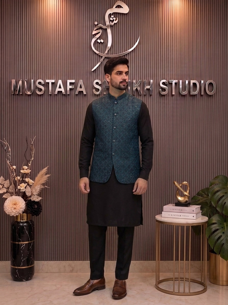 Teal Blue Embroidered Waistcoat