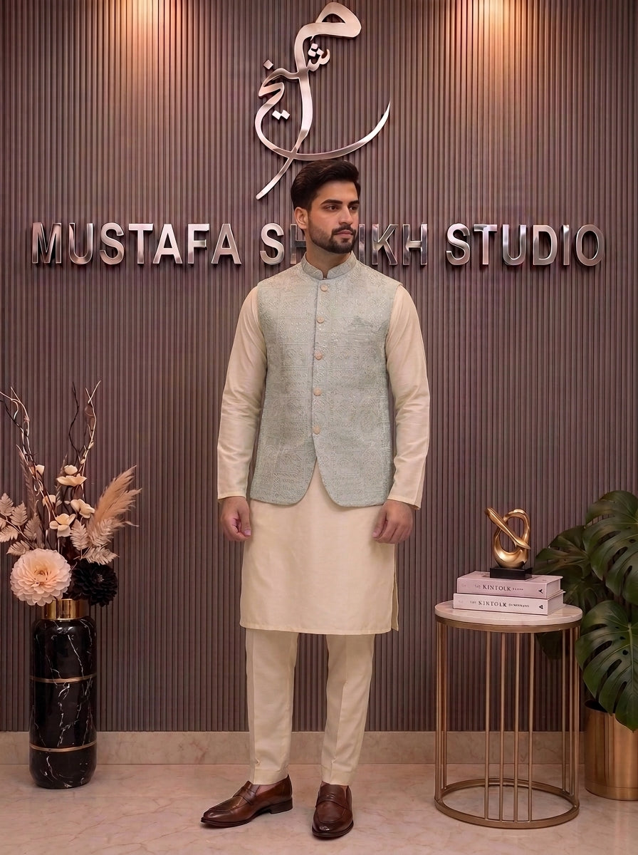 Frosy Blue Embroidered Waistcoat with Kurta Pajama