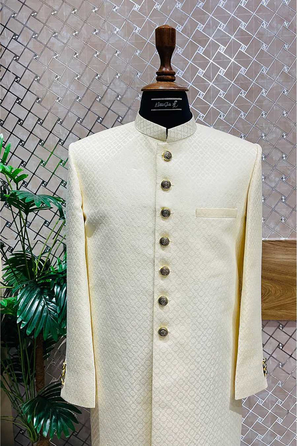 Cream Jacquard Shwerwani