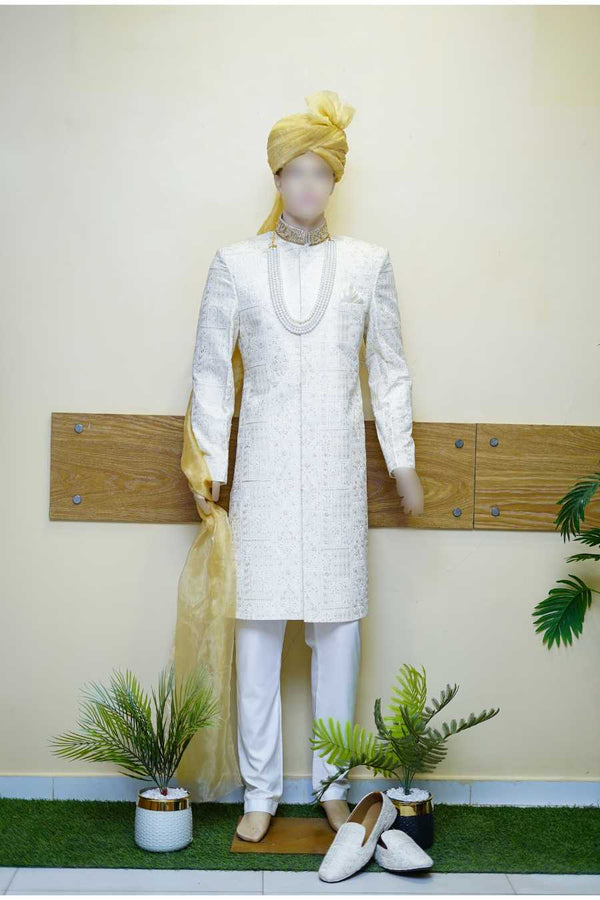 Cream Gold Embroidered Sherwani