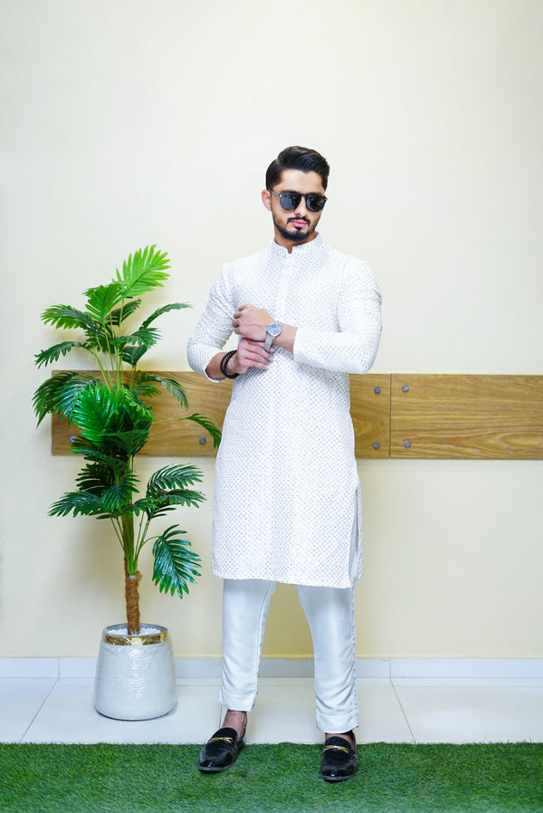 White Maisuri Sequence Kurta Pajama for Men