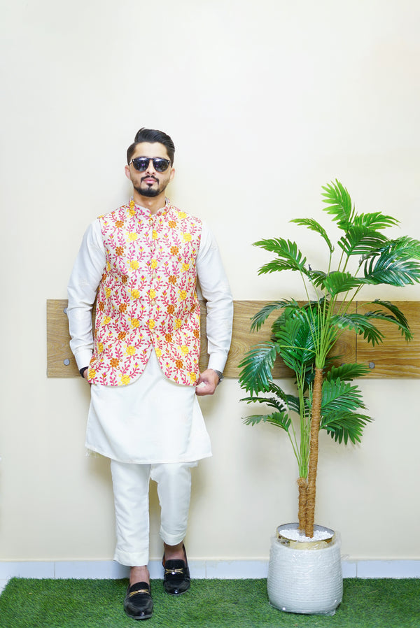 Multicolour Waistcoat With Kurta Pajama