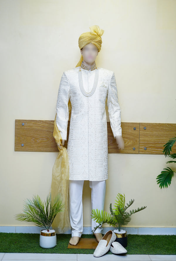Off-White Sequin Handmade Embroidered Sherwani