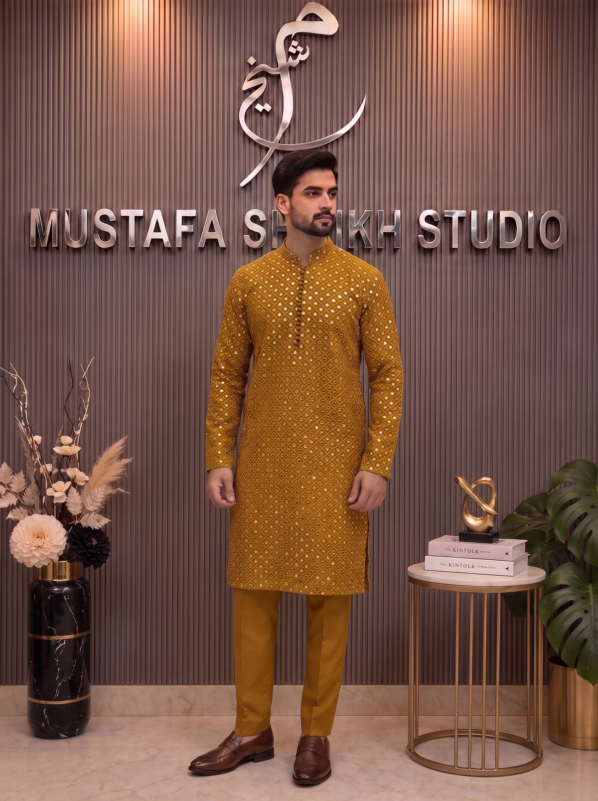 Mustard Gold Embroidered Kurta Pajama – Premium Men’s Festive Wear