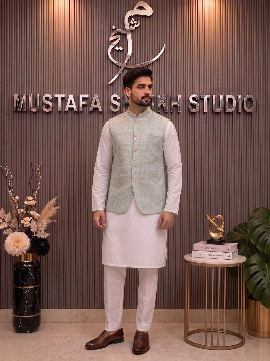 Frosy Blue Embroidered Waistcoat with Kurta Pajama