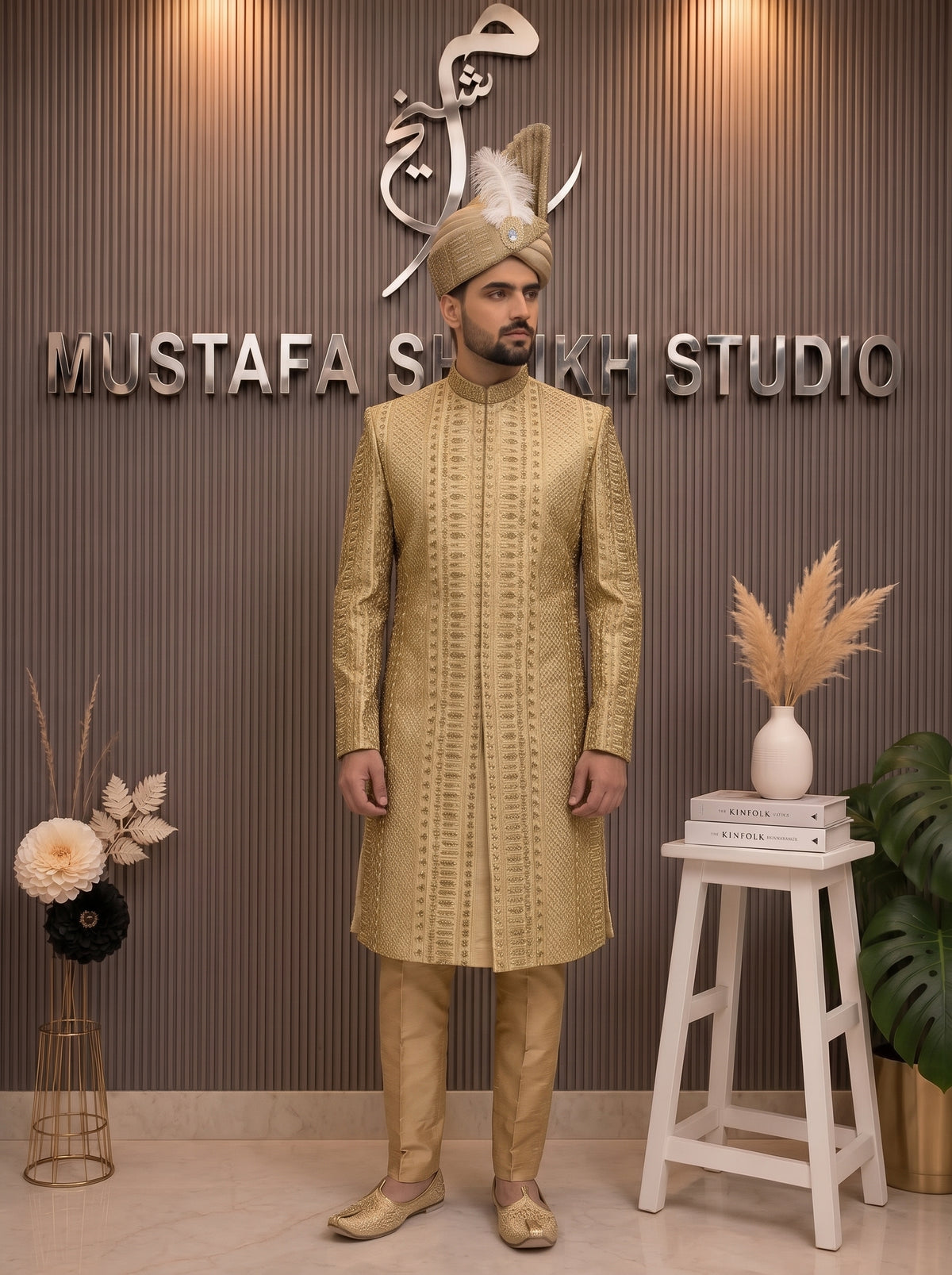 Luxury Golden Embroidered Prince Sherwani with Matching Turban