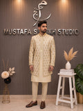 Ivory & Gold Geometric Embroidered Short Sherwani