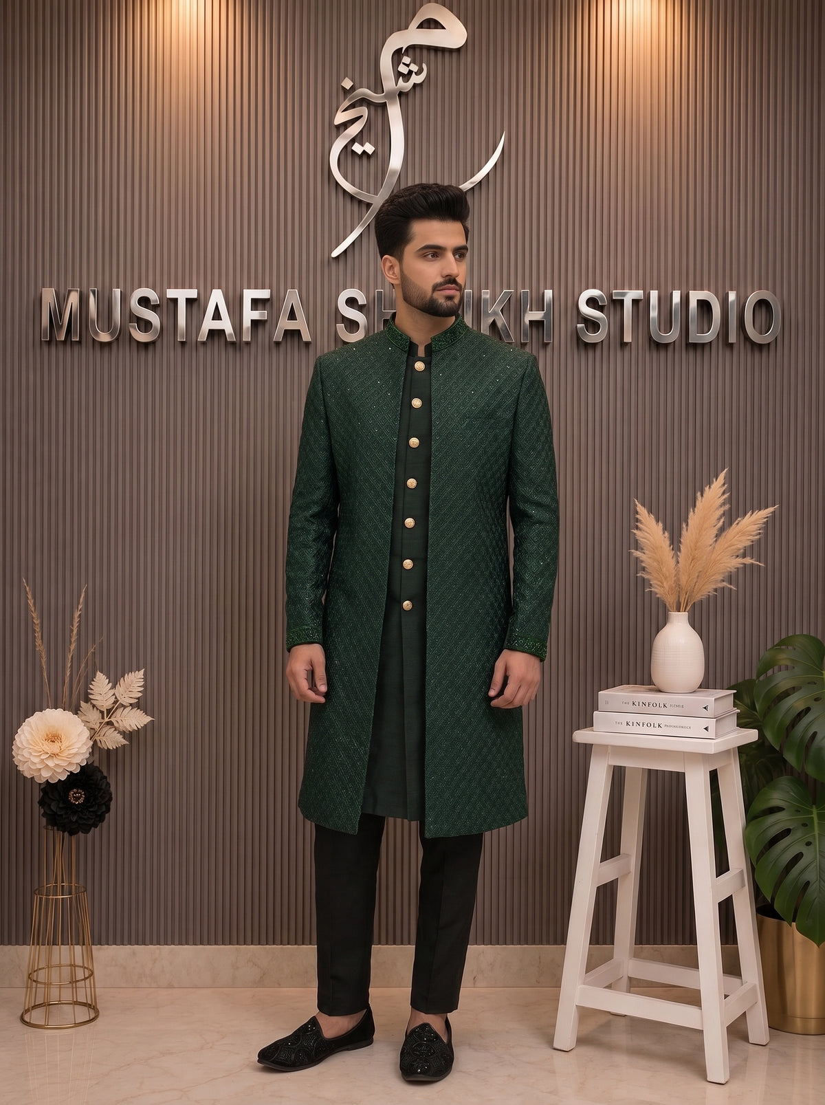 Deep Emerald Green Embroidered Sherwani