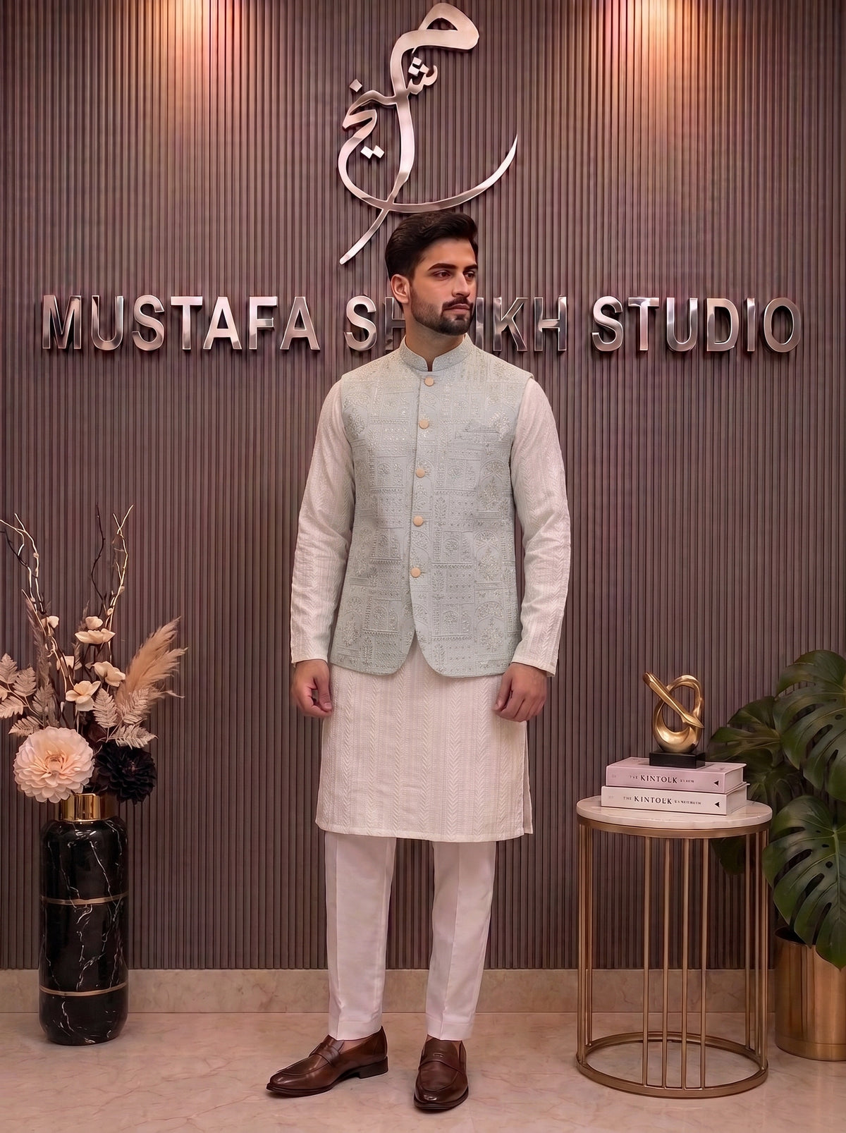 Frosy Blue Embroidered Waistcoat with Kurta Pajama