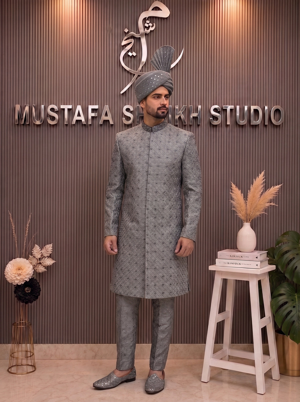 Silver Grey Handwork Sherwani