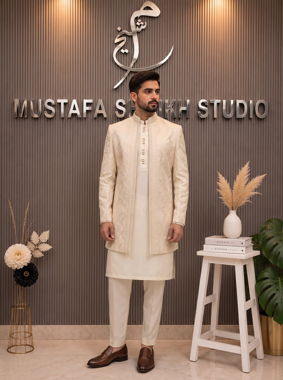 Ivory Regal Embroidered Open Sherwani