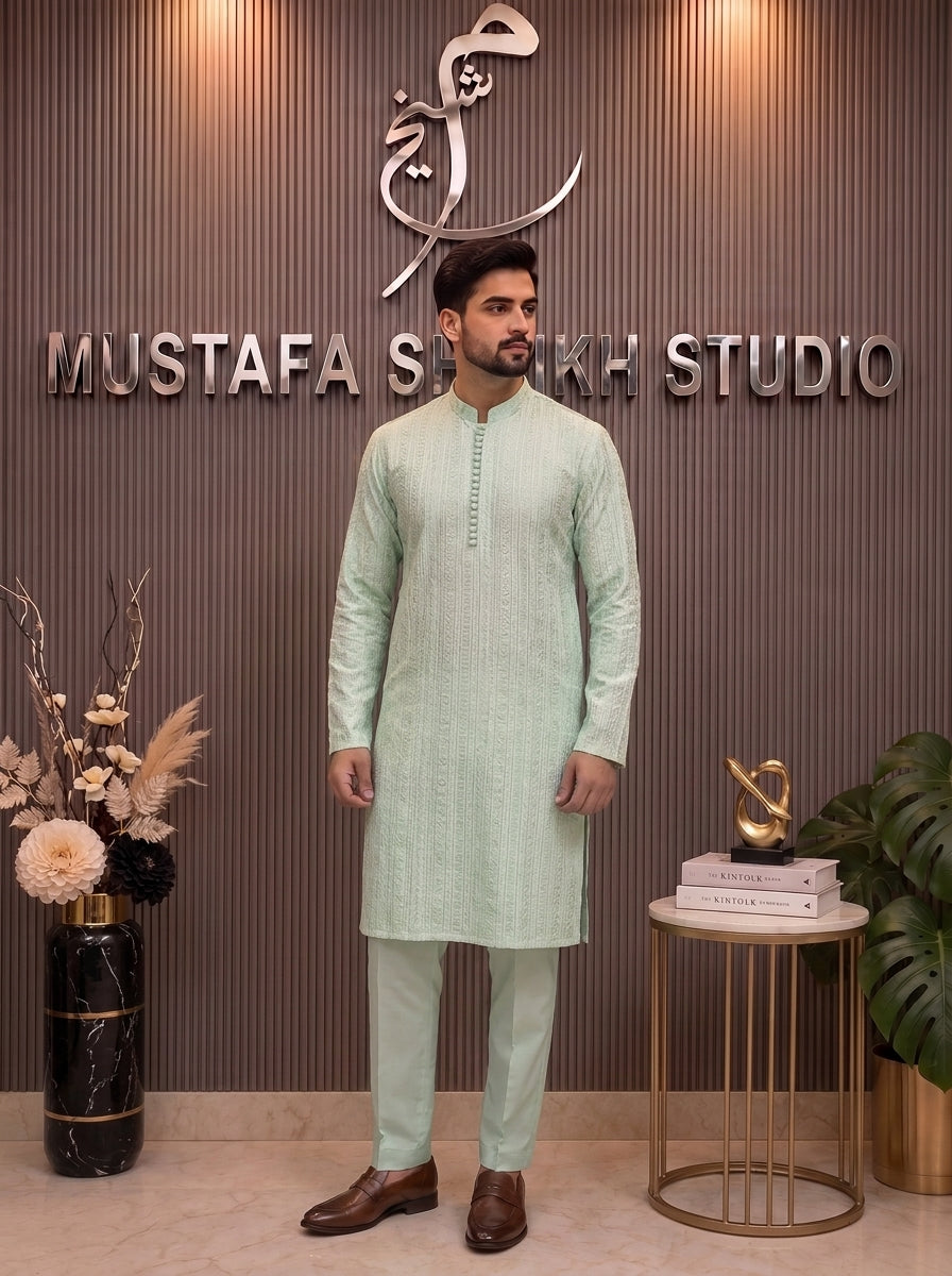Mint Green Textured Kurta Pajama – Premium Men’s Traditional Wear